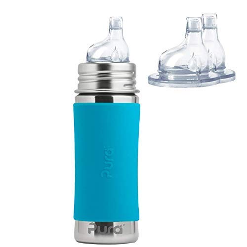 Pura Kiki 11 oz / 325ml Stainless Steel Sippy Cup Bundle w/ 2 Pack of Silicone XL Sipper Spouts & Sleeve, Aqua (Plastic Free, NonToxic Certified, BPA Free)