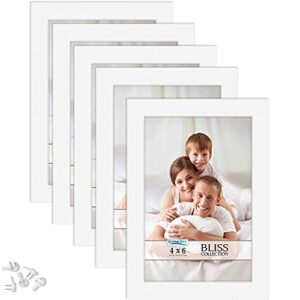 icona bay 4x6 picture frames (white, 5 pack), modern style wood composite frames table top or wall mount, bliss collection