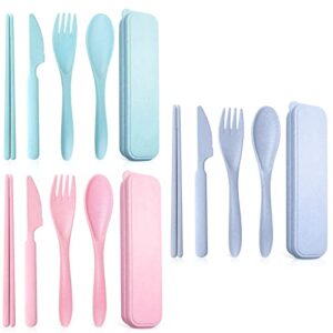 teivio reusable portable travel utensils silverware forks spoons knives & chopstick, set of 3 for camping wheat straw plastic with storage case (pink/blue/green)
