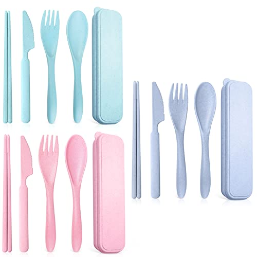 Teivio Reusable Portable Travel Utensils Silverware Forks Spoons Knives & Chopstick, Set of 3 for Camping Wheat Straw Plastic with Storage Case (Pink/Blue/Green)