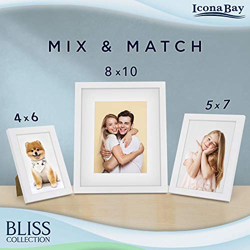 Icona Bay 8x10 White Picture Frame with Removable Mat for 5x7 Photo, Modern Style Wood Composite Frame, Table Top or Wall Mount, Bliss Collection