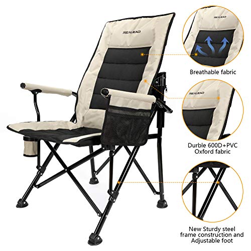 Realead Oversized Camping Chairs Heavy Duty Folding Chair Padded Support 400 LBS,Portable Outdoor Lawn Chairs with Cup Holder,Adjustable High Back Beach Camp Chair with Lumbar Back Support for Outside