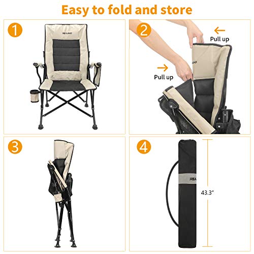 Realead Oversized Camping Chairs Heavy Duty Folding Chair Padded Support 400 LBS,Portable Outdoor Lawn Chairs with Cup Holder,Adjustable High Back Beach Camp Chair with Lumbar Back Support for Outside