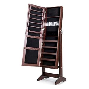 CHARMAID Jewelry Armoire Cabinet with 47.2'' Full Length Mirror, Standing Lockable Wooden Jewelry Organizer Storage Box with Large Capacity, 4 Angles Adjustable (Brown)