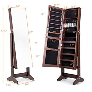 CHARMAID Jewelry Armoire Cabinet with 47.2'' Full Length Mirror, Standing Lockable Wooden Jewelry Organizer Storage Box with Large Capacity, 4 Angles Adjustable (Brown)