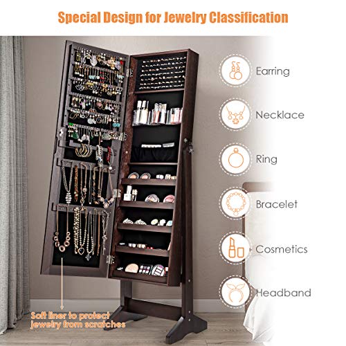 CHARMAID Jewelry Armoire Cabinet with 47.2'' Full Length Mirror, Standing Lockable Wooden Jewelry Organizer Storage Box with Large Capacity, 4 Angles Adjustable (Brown)