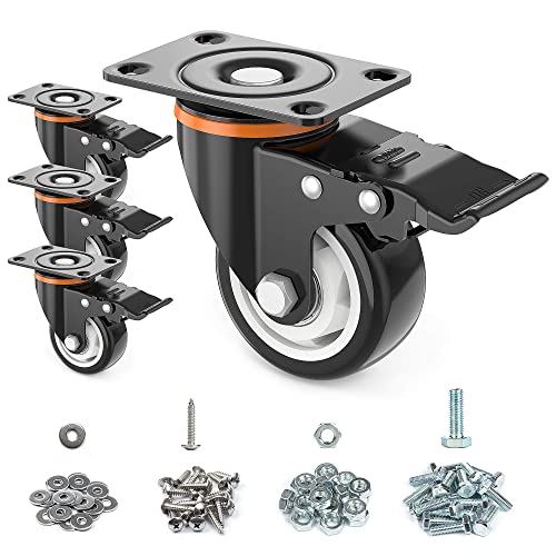 3” Caster Wheels,Set of 4,Heavy Duty Swivel Casters with Brake, Safety Dual Locking and No Noise Polyurethane (PU) Wheels,Swivel Plate Castors(TWO HARDWARE KITS for Free)