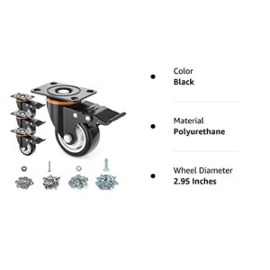 3” Caster Wheels,Set of 4,Heavy Duty Swivel Casters with Brake, Safety Dual Locking and No Noise Polyurethane (PU) Wheels,Swivel Plate Castors(TWO HARDWARE KITS for Free)