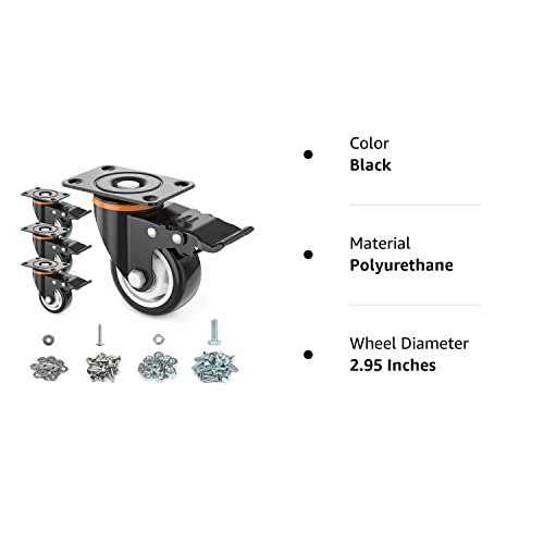 3” Caster Wheels,Set of 4,Heavy Duty Swivel Casters with Brake, Safety Dual Locking and No Noise Polyurethane (PU) Wheels,Swivel Plate Castors(TWO HARDWARE KITS for Free)