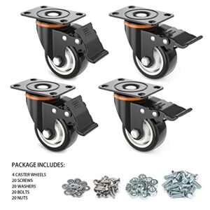 3” Caster Wheels,Set of 4,Heavy Duty Swivel Casters with Brake, Safety Dual Locking and No Noise Polyurethane (PU) Wheels,Swivel Plate Castors(TWO HARDWARE KITS for Free)