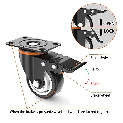 3” Caster Wheels,Set of 4,Heavy Duty Swivel Casters with Brake, Safety Dual Locking and No Noise Polyurethane (PU) Wheels,Swivel Plate Castors(TWO HARDWARE KITS for Free)