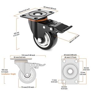 3” Caster Wheels,Set of 4,Heavy Duty Swivel Casters with Brake, Safety Dual Locking and No Noise Polyurethane (PU) Wheels,Swivel Plate Castors(TWO HARDWARE KITS for Free)