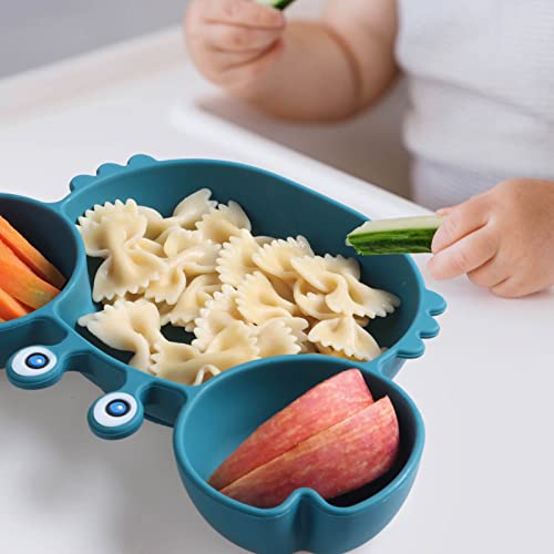 YIVEKO Baby Plates with Suction Divided, Baby Spoon Fork Set for Toddlers, Silicone Plates for Kids with Suction Baby Dishes Kids Plates and Utensils-Crab Blue