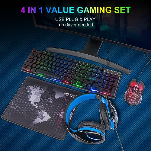 Gaming LED Keyboard Mouse Headset and Mousepad Bundle, CHONCHOW Wired Rainbow LED Light Up Gaming Keyboard Mouse Headset, Value 4 in 1 Gaming Set for Xbox PS4 PS5 PC Laptop Gamer