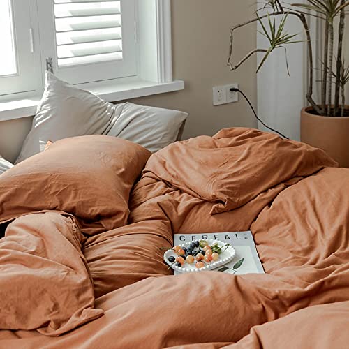 AMWAN Jersey Knit Cotton Duvet Cover Set Solid Pumpkin Color Bedding Set Luxury Soft Knit Cotton Comforter Cover King Size 3 Piece Bedding Set 1 Duvet Cover 2 Pillowcases King Duvet Cover Set