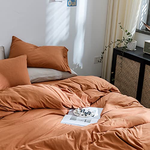 AMWAN Jersey Knit Cotton Duvet Cover Set Solid Pumpkin Color Bedding Set Luxury Soft Knit Cotton Comforter Cover King Size 3 Piece Bedding Set 1 Duvet Cover 2 Pillowcases King Duvet Cover Set