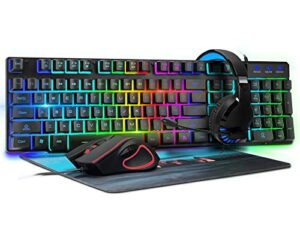 gaming keyboard mouse and headset with mic combo usb wired rgb backlit gamer bundle compatible with pc windows 7/8/10/11 xbox one ps4 ps5(black)