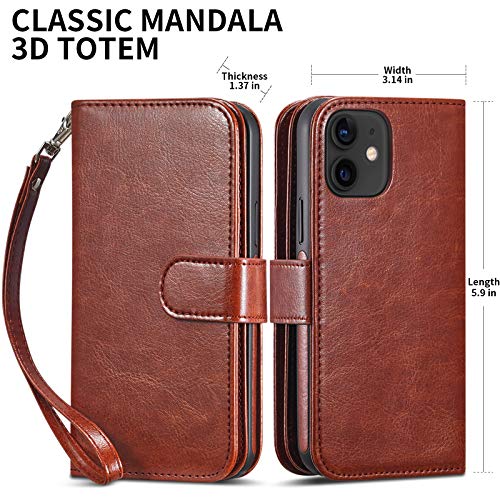 CASEOWL Wallet Case Compatible for iPhone 12/12 Pro, Magnetic Detachable Slim Case with 9 Card Slots, Hand Strap,Compatible for iPhone 12/12 Pro 6.1 inch 2020, 2 in 1 Folio Leather Wallet Case(Brown)