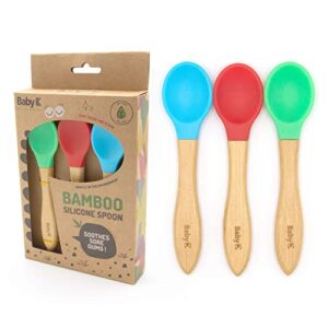 baby k self feeding bamboo baby spoons (red,blue & green) - baby led weaning spoon for first stage infant - pvc free soft silicone tip - gum friendly training - perfect size for first time eaters
