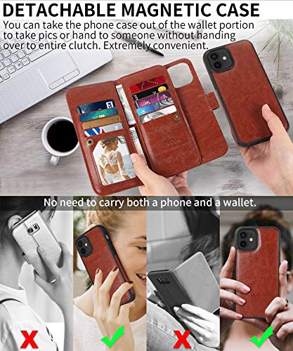 CASEOWL Wallet Case Compatible for iPhone 12/12 Pro, Magnetic Detachable Slim Case with 9 Card Slots, Hand Strap,Compatible for iPhone 12/12 Pro 6.1 inch 2020, 2 in 1 Folio Leather Wallet Case(Brown)