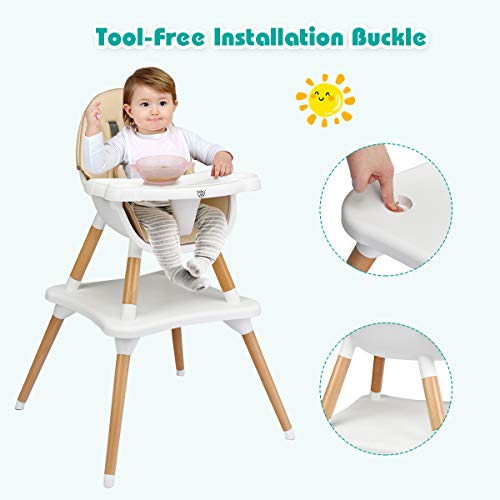 HONEY JOY Baby High Chair, 5-in-1 Convertible Wooden Highchair for Babies and Toddlers/Table and Chair Set/Booster Seat/Toddler Chair with Safety Harness, 4-Position Removable Feeding Tray (Khaki)