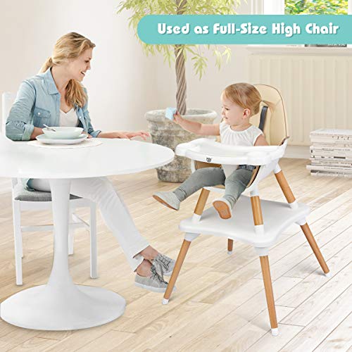 HONEY JOY Baby High Chair, 5-in-1 Convertible Wooden Highchair for Babies and Toddlers/Table and Chair Set/Booster Seat/Toddler Chair with Safety Harness, 4-Position Removable Feeding Tray (Khaki)