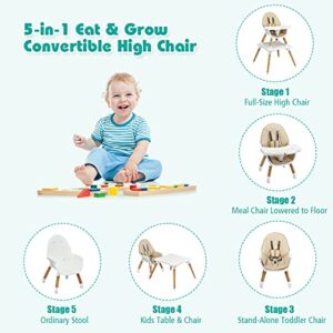 HONEY JOY Baby High Chair, 5-in-1 Convertible Wooden Highchair for Babies and Toddlers/Table and Chair Set/Booster Seat/Toddler Chair with Safety Harness, 4-Position Removable Feeding Tray (Khaki)