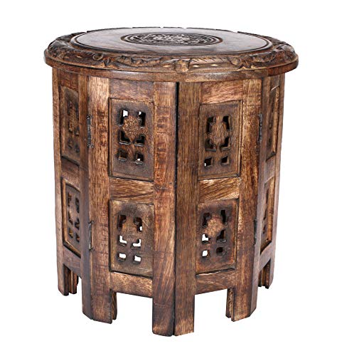 Hand Carved Solid Wooden End Table, Side Table, Entryway Table, Side Tables for Small Spaces, Wooden End Table, Bedside Table, Octagonal Wooden Table- 12 Inch Round Top x 12 Inch High- Natural Burnt