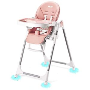 heao adjustable 7 height 5 reclining angle foldable baby high chair with 360 degree rotating wheels, 3 footrest positions, and removable tray, pink