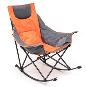 sunnyfeel rocking camping chair, luxury padded recliner, oversized folding lawn chair with pocket, heavy duty for outdoor/picnic/lounge/patio, portable camp rocker chairs with carry bag (orange)