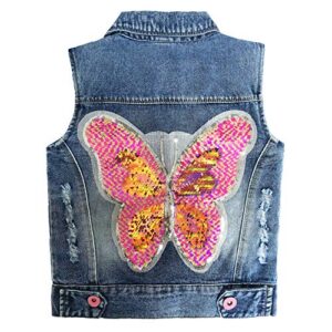 Peacolate Little Big Girl Distressed Sleeveless Jacket Embroidered Sequins Butterfly Denim Vest (Butterfly,8-9Years)