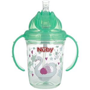 Nuby No Spill Flip N Sip 2 Handle Tritan 360 Weighted Straw Glitter Print - 8oz/ 240 Ml/ 12 M+, Colors Vary: Blue Space, Red Dinosaur, Pink Fox, Green Swan