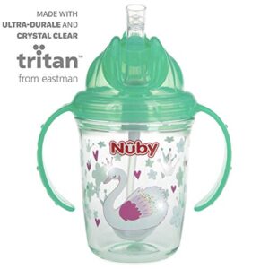 Nuby No Spill Flip N Sip 2 Handle Tritan 360 Weighted Straw Glitter Print - 8oz/ 240 Ml/ 12 M+, Colors Vary: Blue Space, Red Dinosaur, Pink Fox, Green Swan