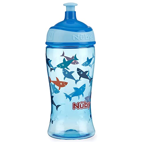 Nuby Thirsty Kids Tritan Free Flow Pop Up Super Slurp Water Bottle, Shark, 1 Pack, 12 Oz