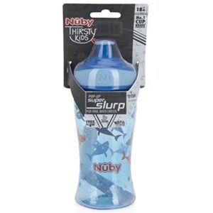 Nuby Thirsty Kids Tritan Free Flow Pop Up Super Slurp Water Bottle, Shark, 1 Pack, 12 Oz