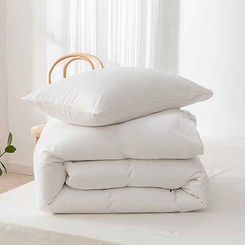 ECOCOTT White Duvet Cover Queen Size, 100% Washed Cotton 1 Duvet Cover with Zipper and 2 Pillowcases, Ultra Soft and Easy Care Breathable Bedding Set (White, Queen)