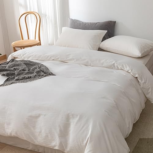 ECOCOTT White Duvet Cover Queen Size, 100% Washed Cotton 1 Duvet Cover with Zipper and 2 Pillowcases, Ultra Soft and Easy Care Breathable Bedding Set (White, Queen)