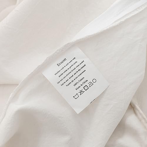 ECOCOTT White Duvet Cover Queen Size, 100% Washed Cotton 1 Duvet Cover with Zipper and 2 Pillowcases, Ultra Soft and Easy Care Breathable Bedding Set (White, Queen)