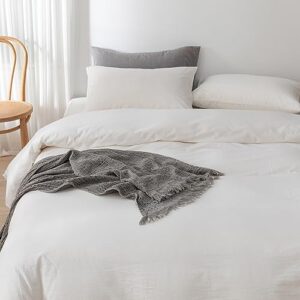 ECOCOTT White Duvet Cover Queen Size, 100% Washed Cotton 1 Duvet Cover with Zipper and 2 Pillowcases, Ultra Soft and Easy Care Breathable Bedding Set (White, Queen)