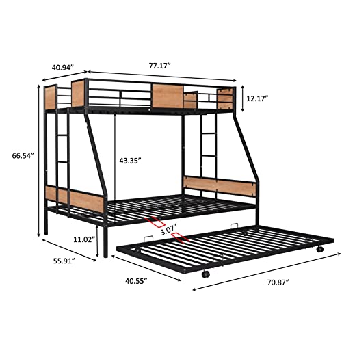 WIILAYOK Metal Bunk Bed Twin Over Full Bunk Bed with Trundle,Heavy Duty Metal Bunk Bed Frame with Safety Rail and Two-Side Ladders for Kids Teens Adults (Black)