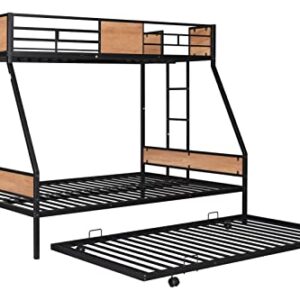 WIILAYOK Metal Bunk Bed Twin Over Full Bunk Bed with Trundle,Heavy Duty Metal Bunk Bed Frame with Safety Rail and Two-Side Ladders for Kids Teens Adults (Black)