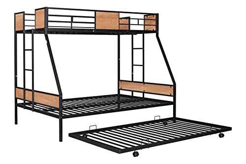 WIILAYOK Metal Bunk Bed Twin Over Full Bunk Bed with Trundle,Heavy Duty Metal Bunk Bed Frame with Safety Rail and Two-Side Ladders for Kids Teens Adults (Black)