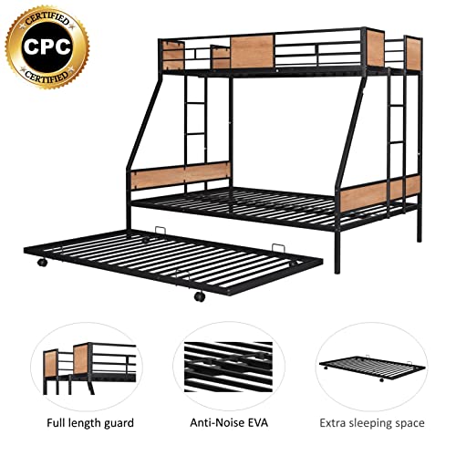 WIILAYOK Metal Bunk Bed Twin Over Full Bunk Bed with Trundle,Heavy Duty Metal Bunk Bed Frame with Safety Rail and Two-Side Ladders for Kids Teens Adults (Black)