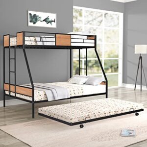 WIILAYOK Metal Bunk Bed Twin Over Full Bunk Bed with Trundle,Heavy Duty Metal Bunk Bed Frame with Safety Rail and Two-Side Ladders for Kids Teens Adults (Black)