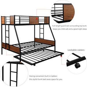 WIILAYOK Metal Bunk Bed Twin Over Full Bunk Bed with Trundle,Heavy Duty Metal Bunk Bed Frame with Safety Rail and Two-Side Ladders for Kids Teens Adults (Black)