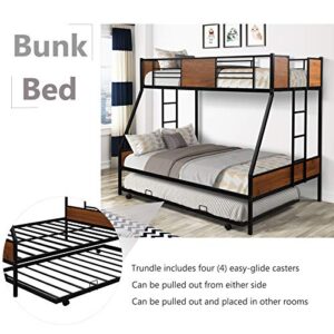 WIILAYOK Metal Bunk Bed Twin Over Full Bunk Bed with Trundle,Heavy Duty Metal Bunk Bed Frame with Safety Rail and Two-Side Ladders for Kids Teens Adults (Black)