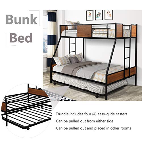 WIILAYOK Metal Bunk Bed Twin Over Full Bunk Bed with Trundle,Heavy Duty Metal Bunk Bed Frame with Safety Rail and Two-Side Ladders for Kids Teens Adults (Black)