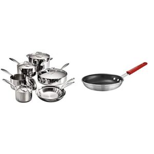 tramontina 80116/249ds gourmet stainless steel induction-ready tri-ply clad 12-piece cookware set, nsf-certified, made in brazil & professional aluminum nonstick restaurant fry pan, 10", made in usa