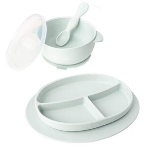 ullabelle suction toddler plates & bowls complete set w/spoon- bpa free 100% food grade silicone- microwave & dishwasher safe baby suction plate, suction bowl w/lid, & spoon- (sage)