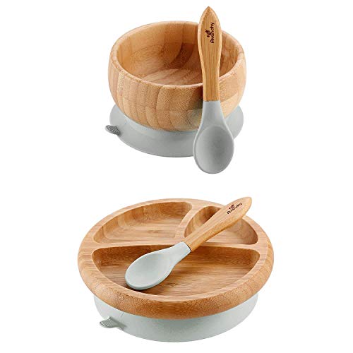 Avanchy Bamboo Baby Bowl & Spoon - 5" x 3" + Avanchy Bamboo Baby Suction Plate - 7" x 2" (Gray)